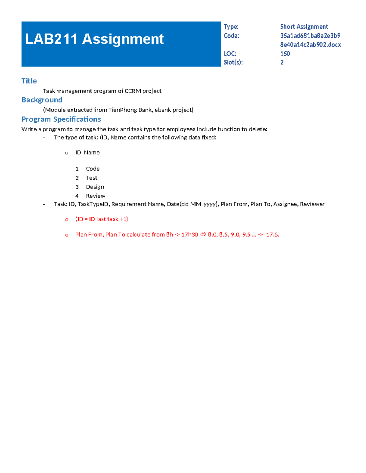 LAB211 Short Assignment: Task Management Program for CCRM Project - Studocu
