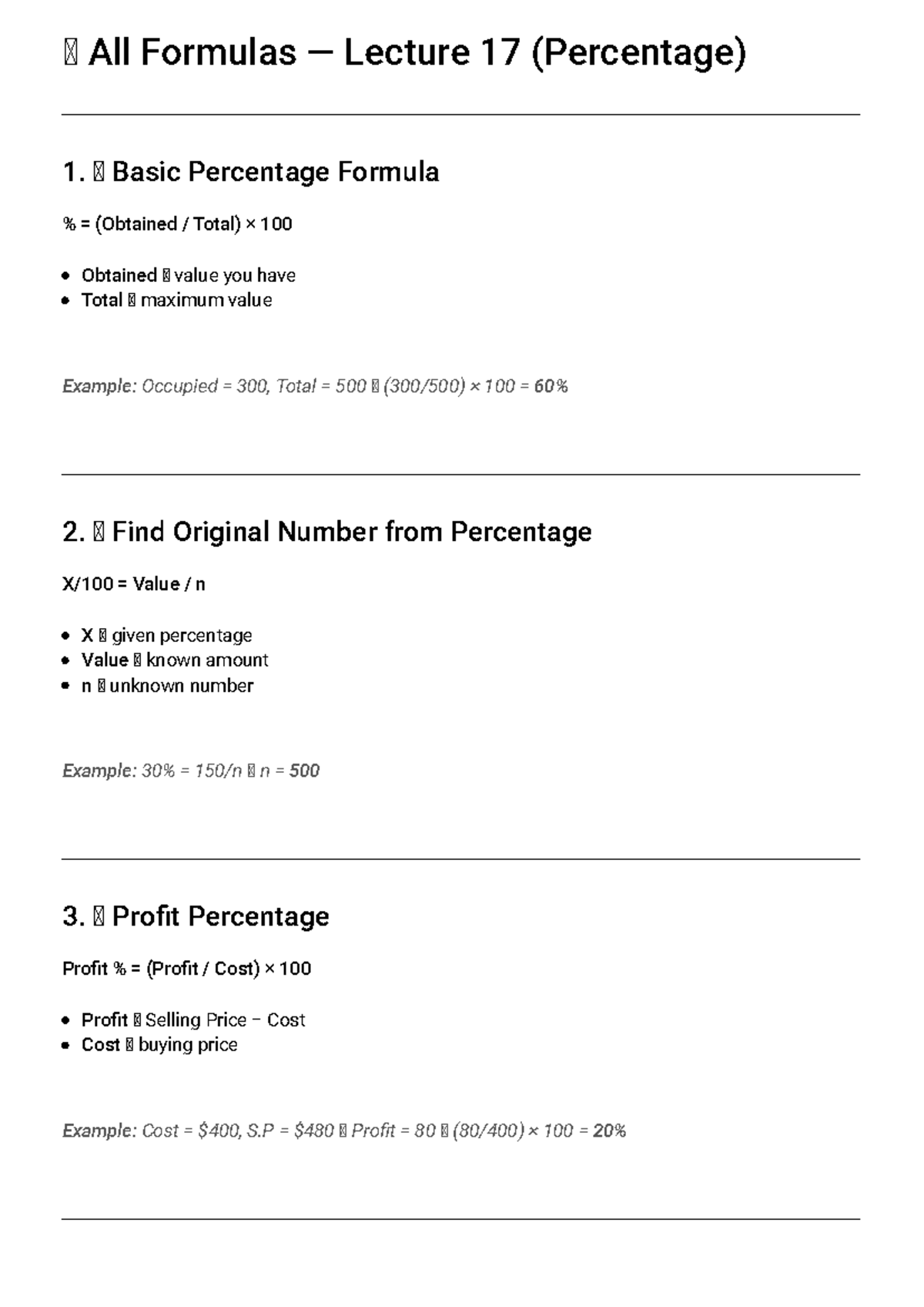 Lecture 17: Key Percentage Formulas and Examples - Studocu