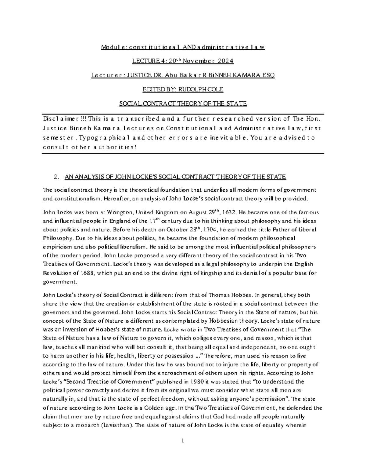 Lecture 4: Social Contract Theory in Constitutional Law (LAW 101) - Studocu