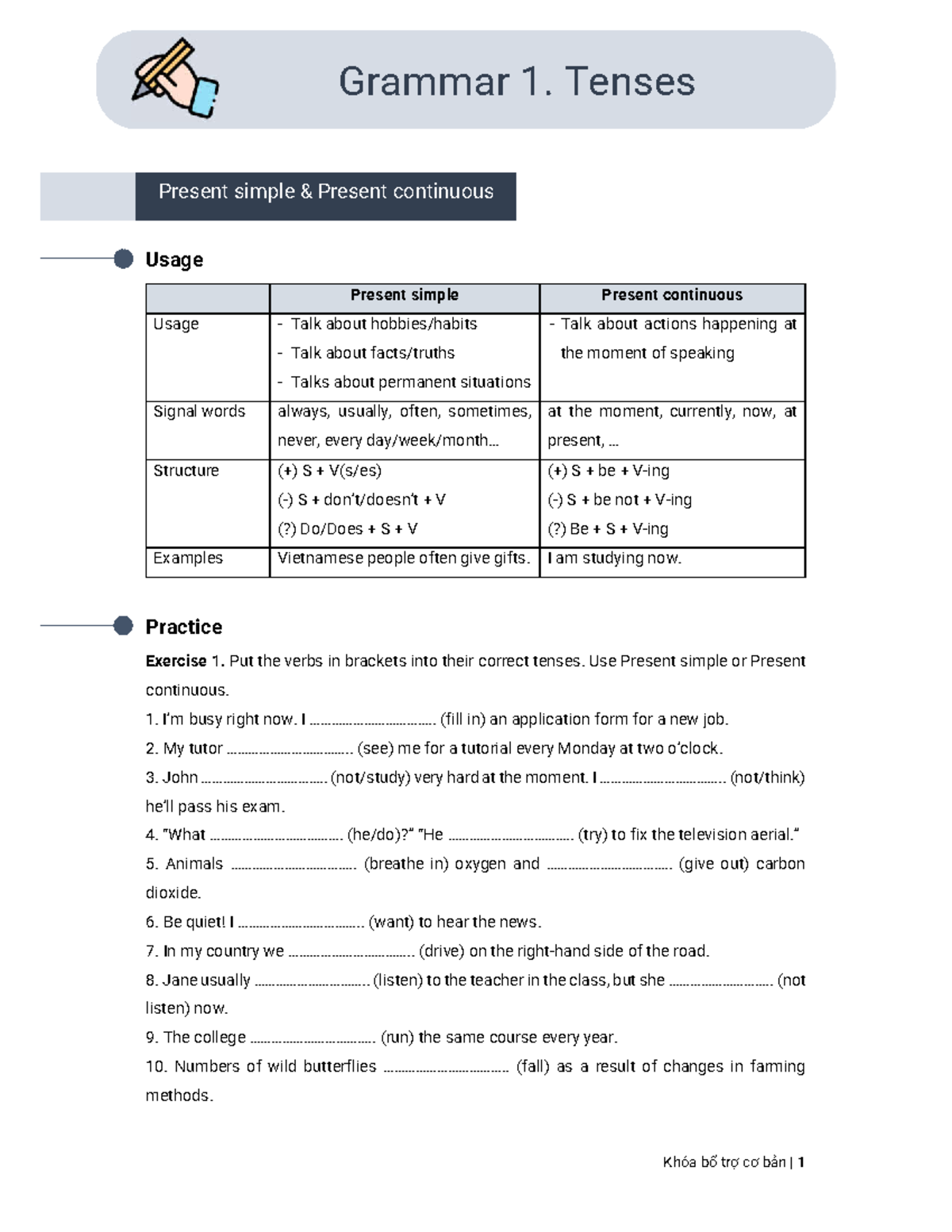 Grammar 1: Tenses - Present Simple and Continuous Guide - Studocu
