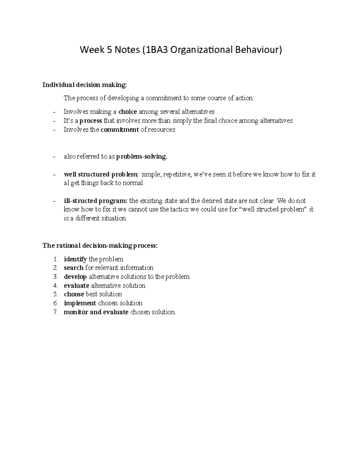 Week 5 Study Notes on Decision Making & Communication (1BA3 Org. Behav ...