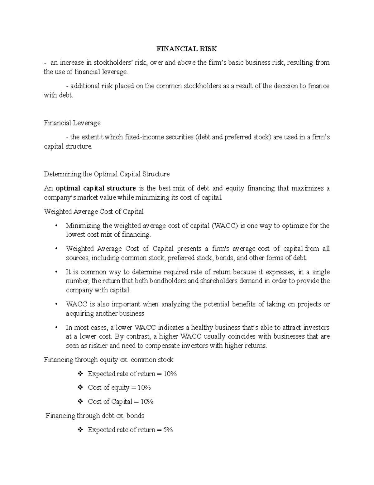 Financial Risk Analysis and Optimal Capital Structure (FIN 101) - Studocu
