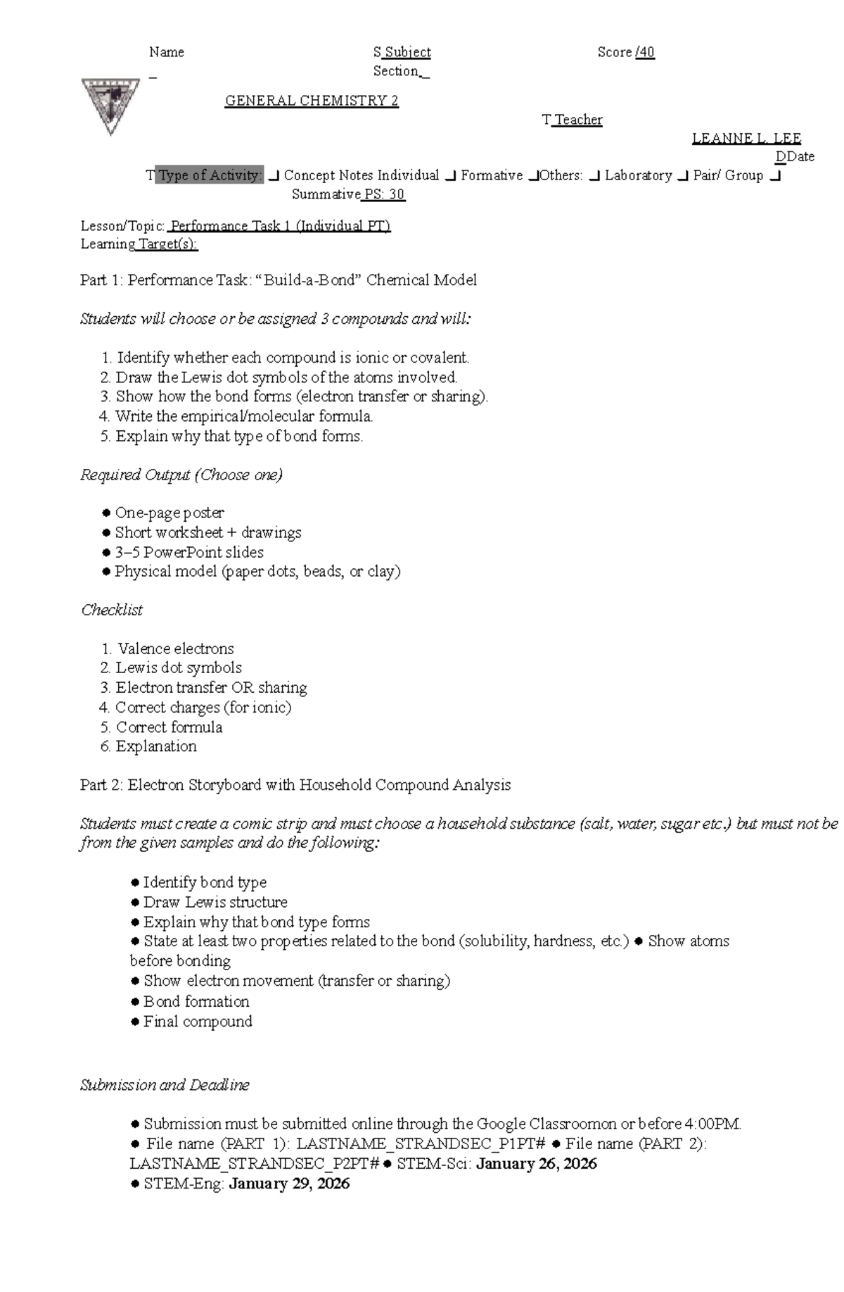 3Q-PT-1: Chemical Bonding Performance Task & Concept Notes - Studocu