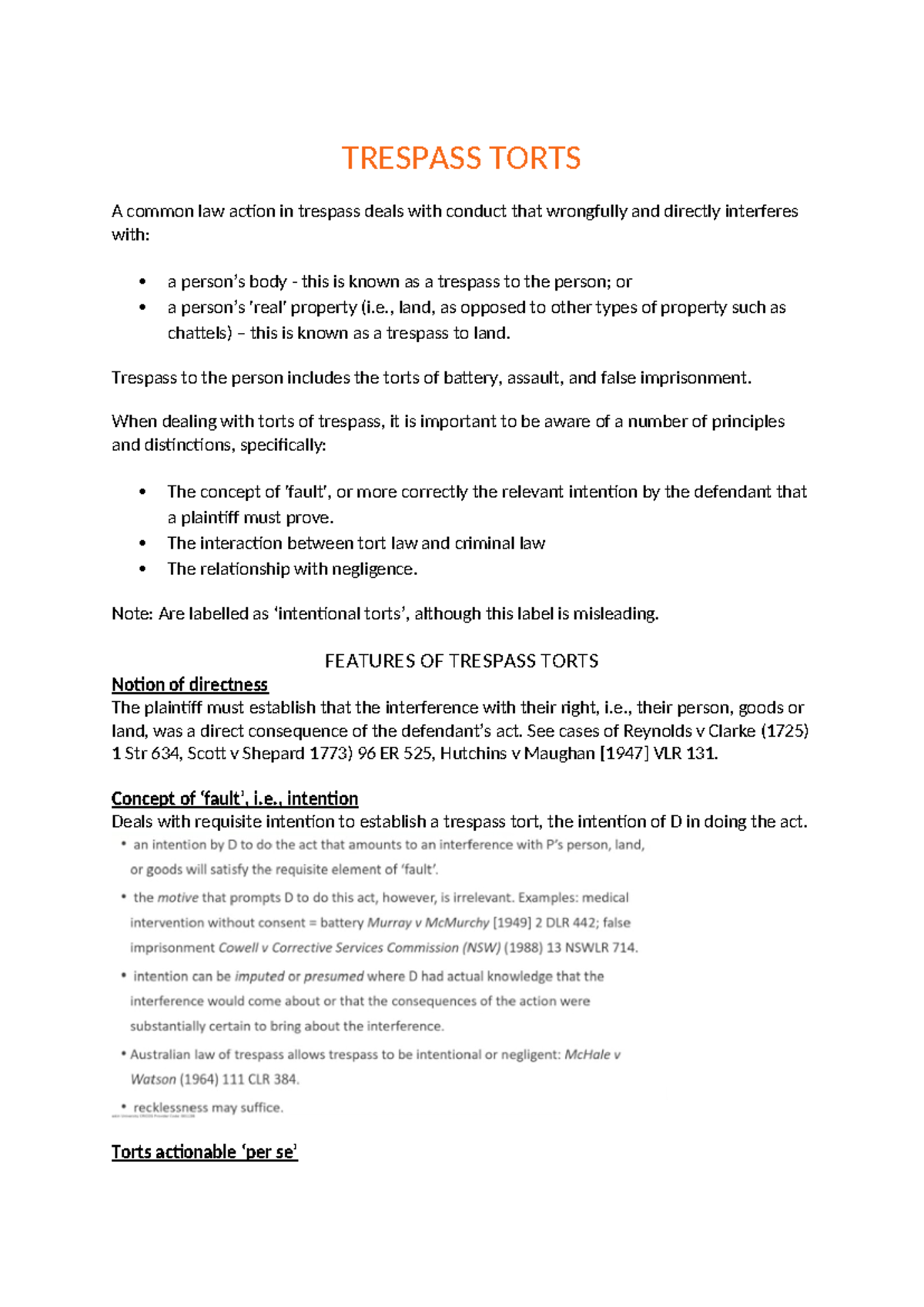 LAW101: Week 2 Notes on Trespass Torts and False Imprisonment - Studocu