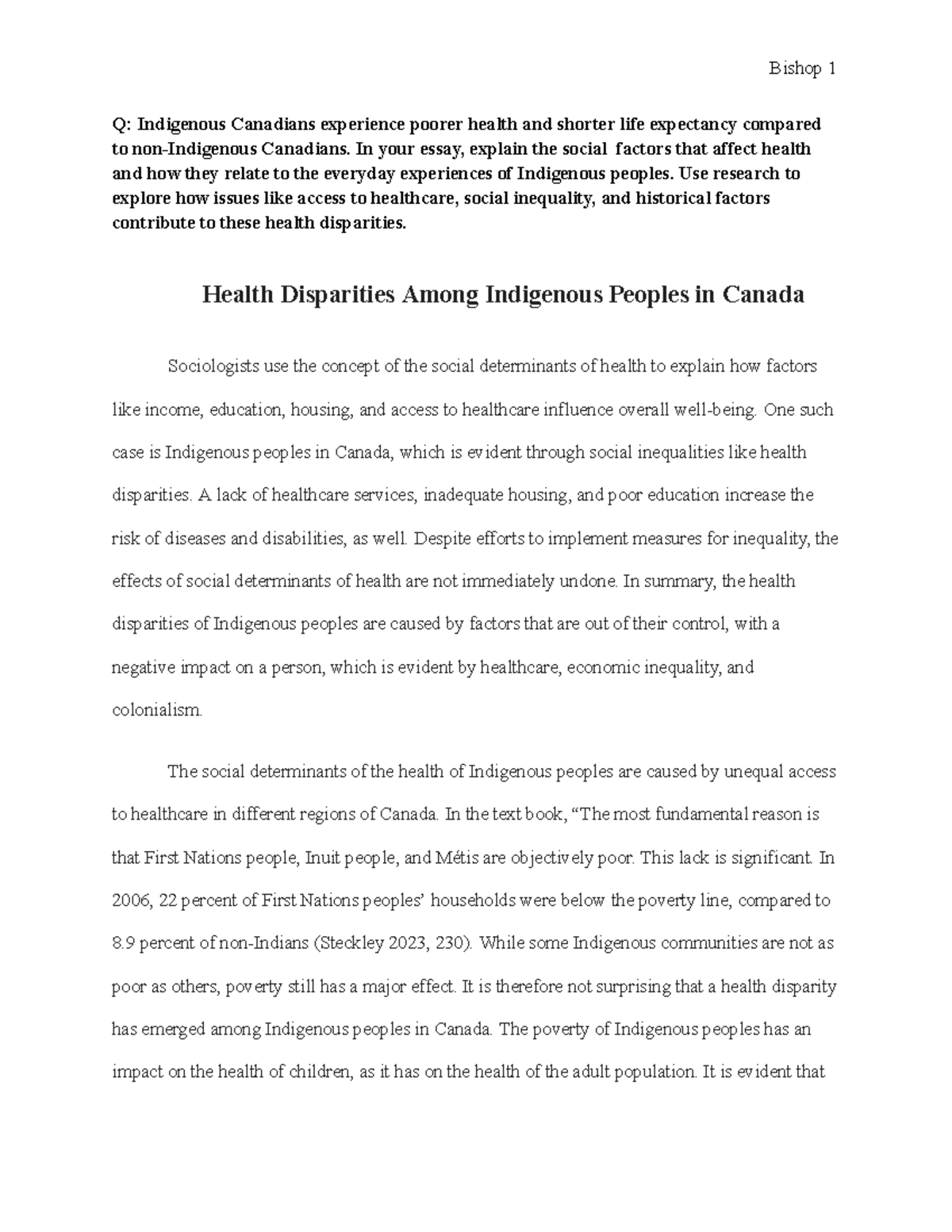 Sociology 101 Final Essay: Health Disparities Among Indigenous ...