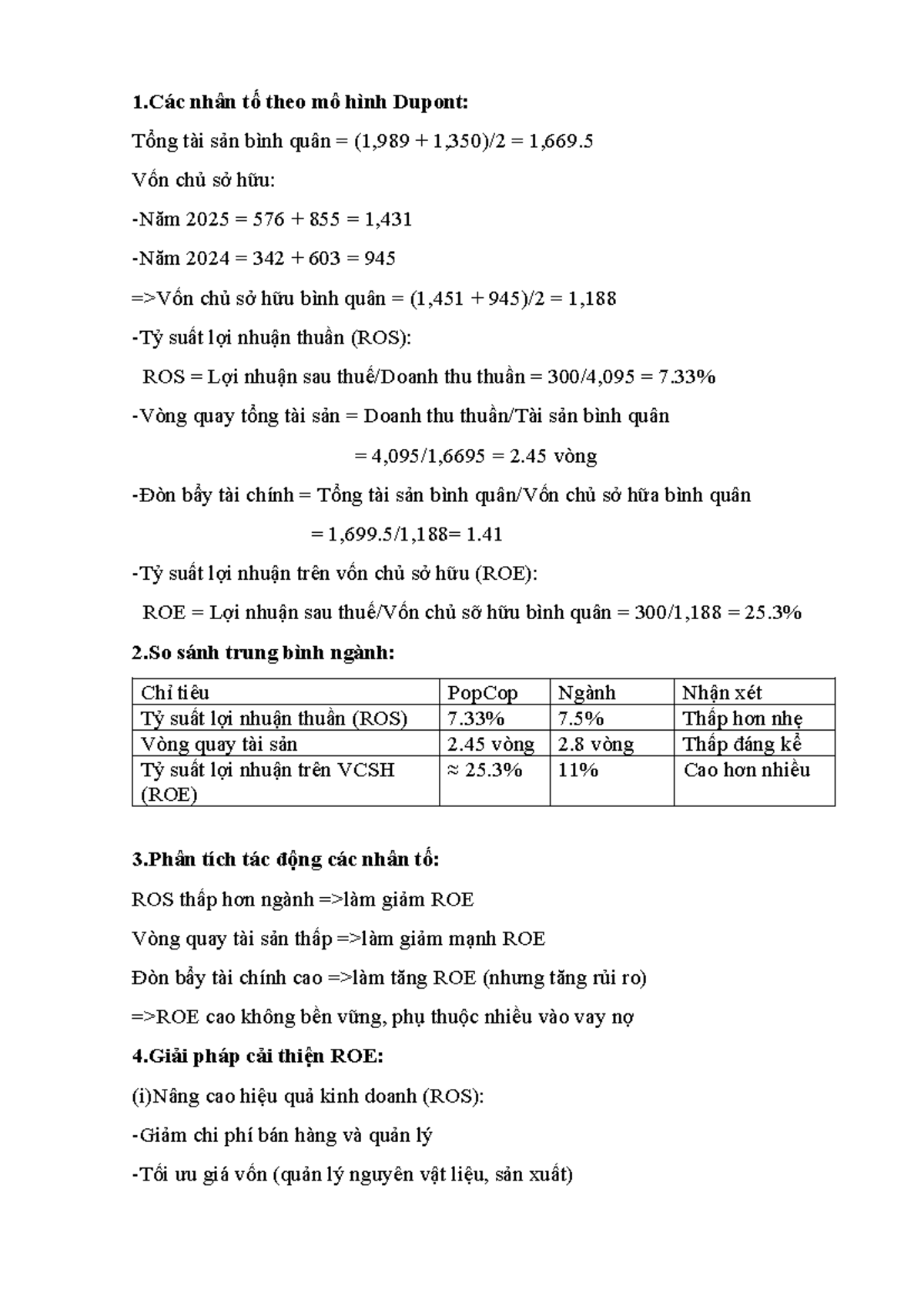Phân Tích Mô Hình Dupont: Tác Động và Giải Pháp Cải Thiện ROE - Studocu