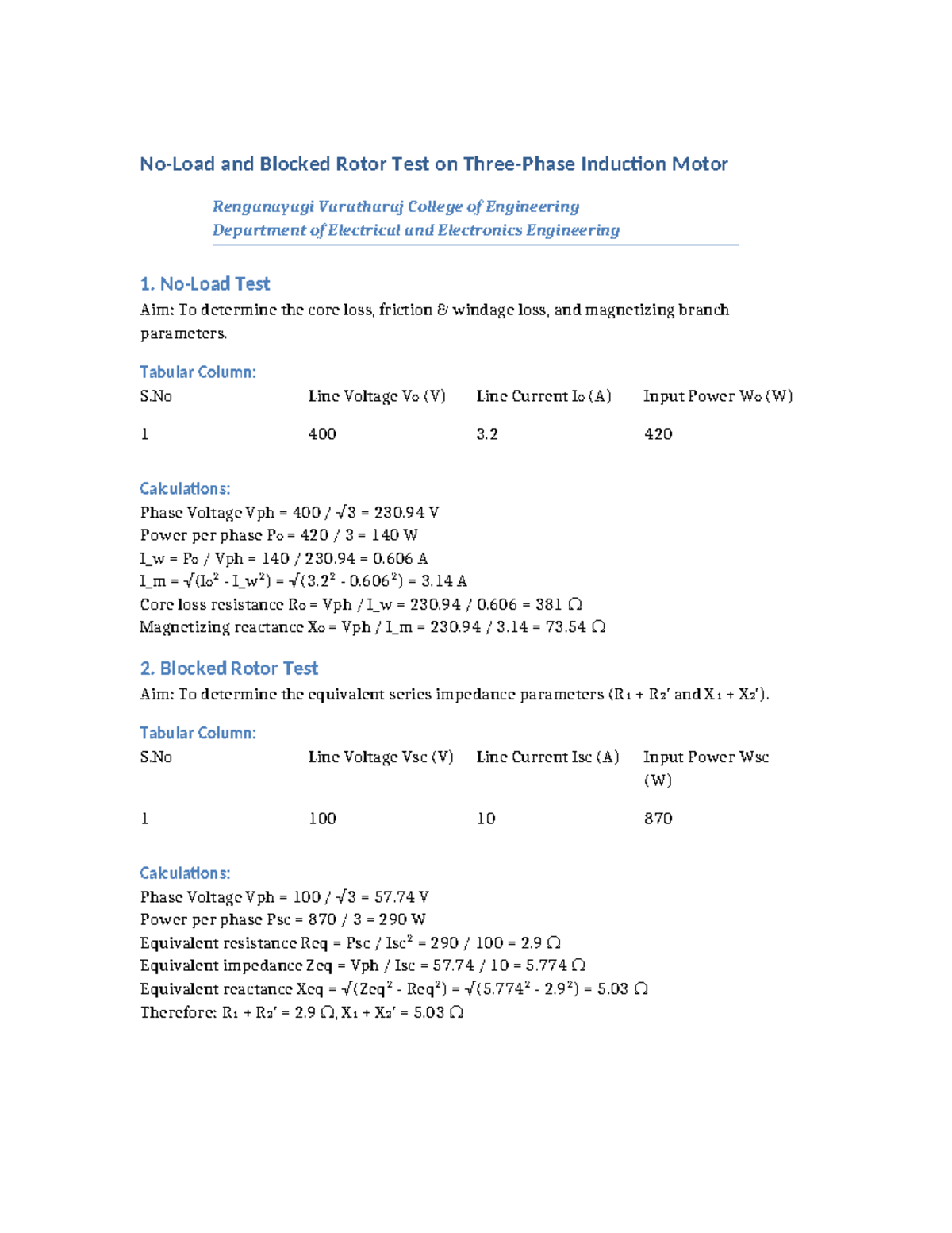 No Load and Blocked Rotor Test EEE 2023 - RVCE - Studocu