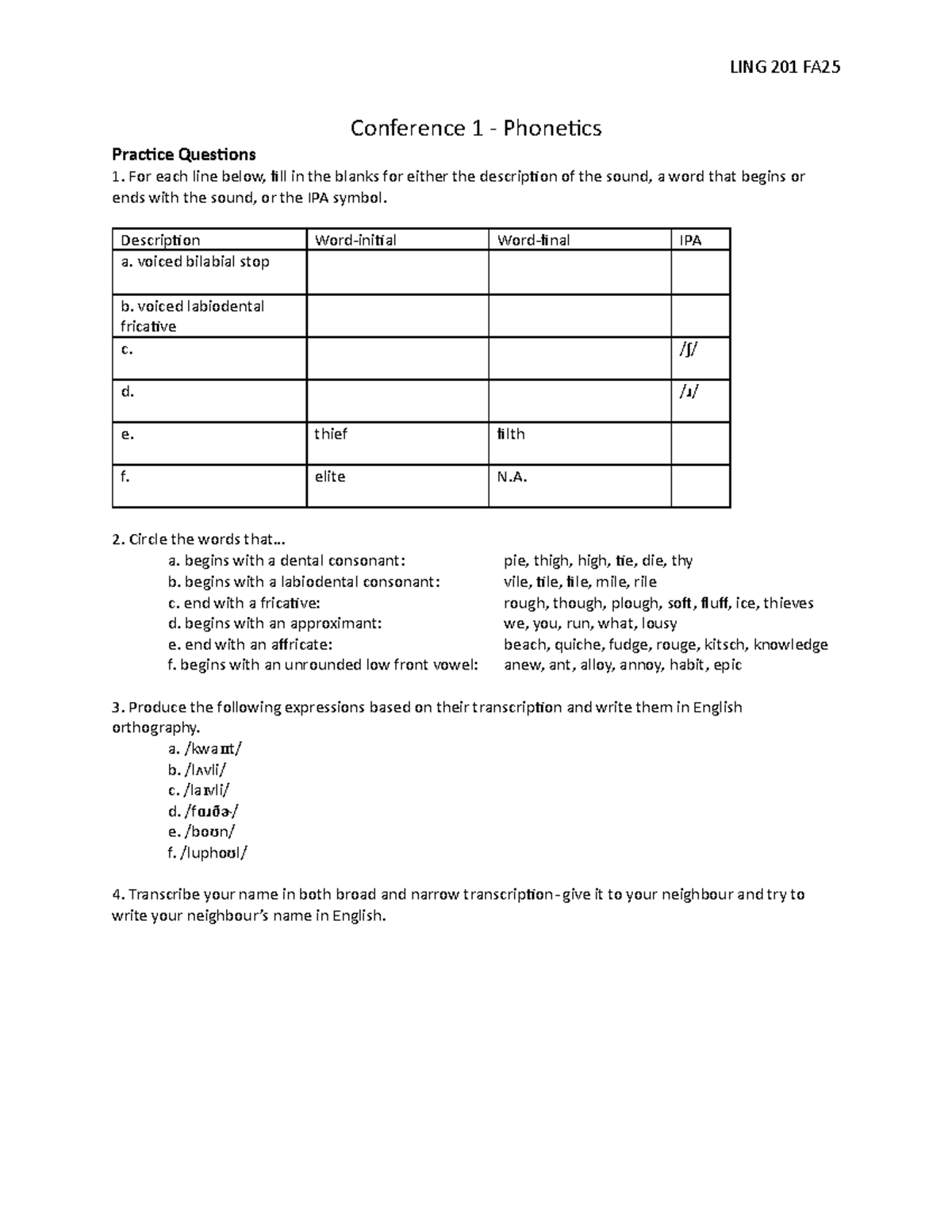 LING 201 FA25 Conference 1 Phonetics Practice Questions - Studocu