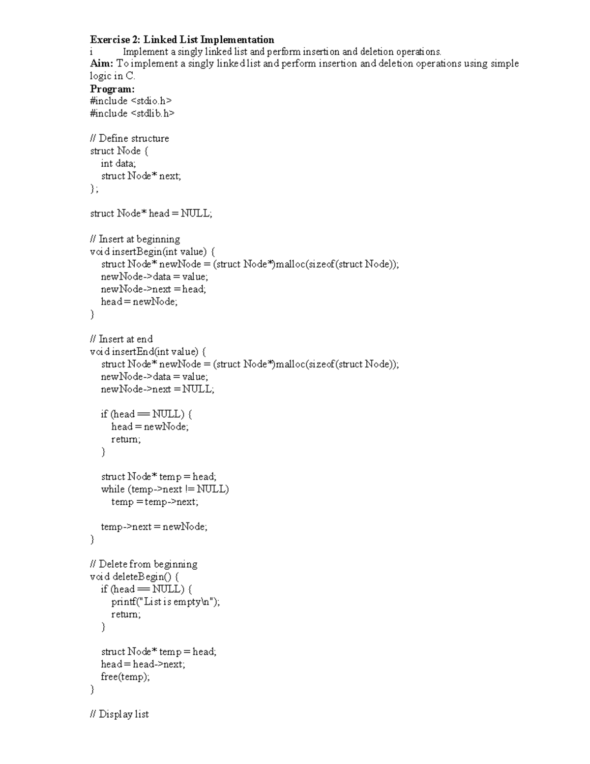Exercise 2: Linked List Implementation and Operations in C - Studocu