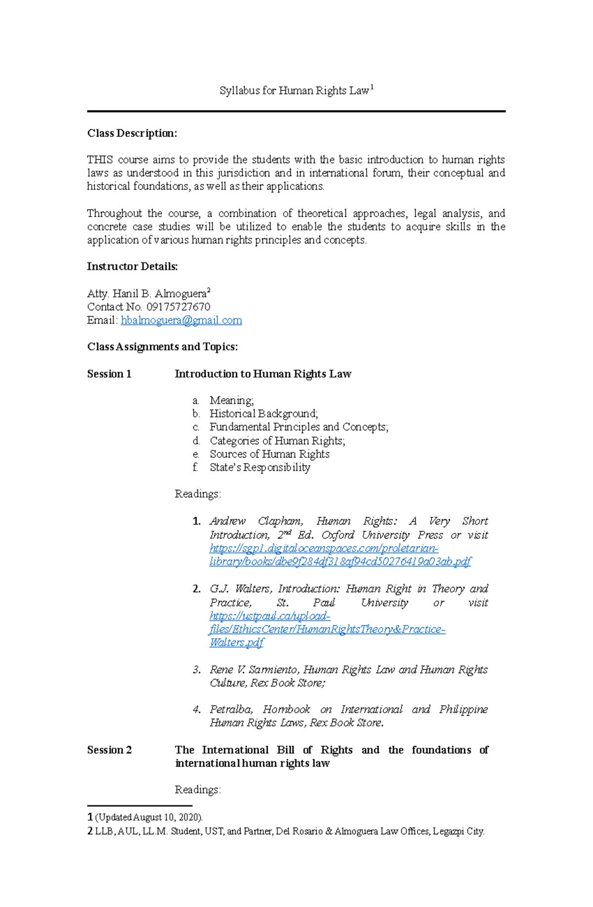 Syllabus for Human Rights Law - Throughout the course, a combination of ...
