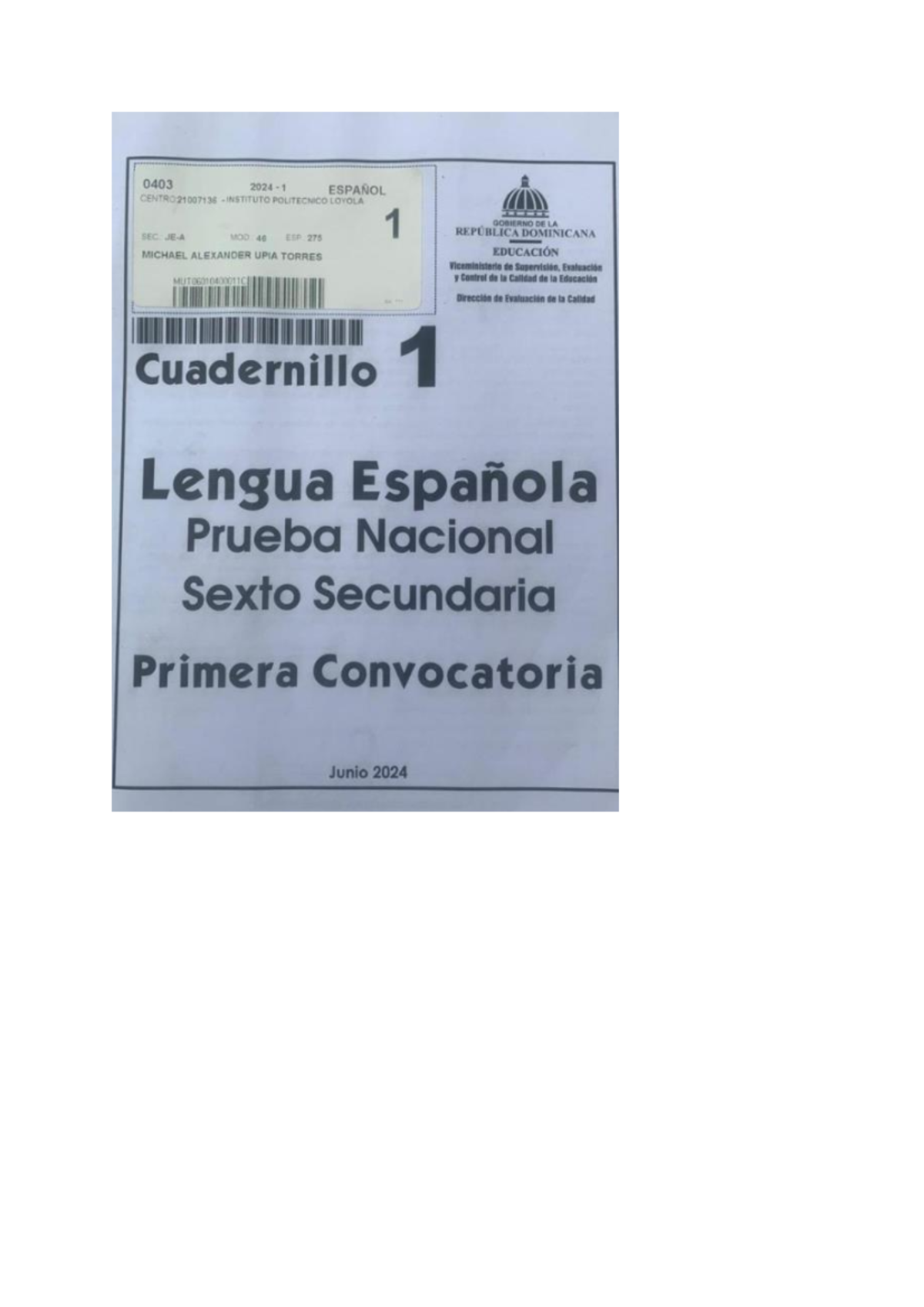 Cuadernillo 1 Lengua Española Sexto Secundaria - Prueba Nacional Junio 2024 - Studocu