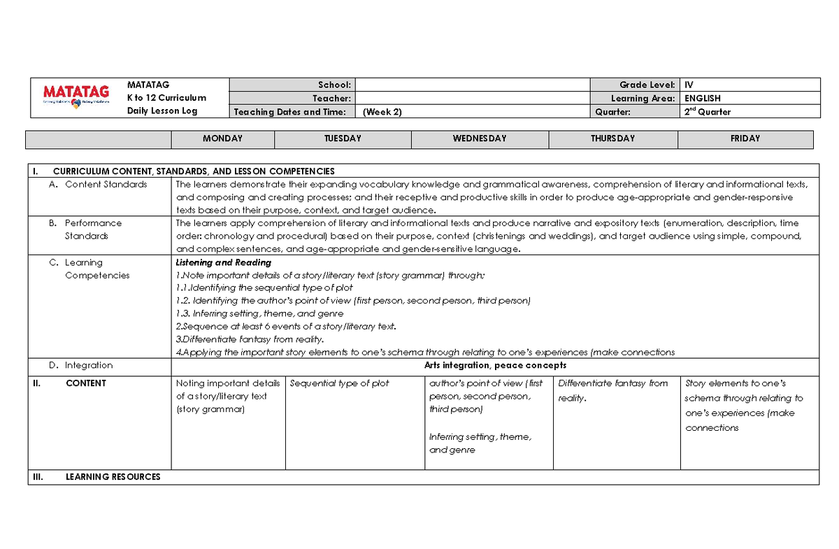 DLL English 4 2nd Quarter Week 2 Daily Lesson Log - Studocu