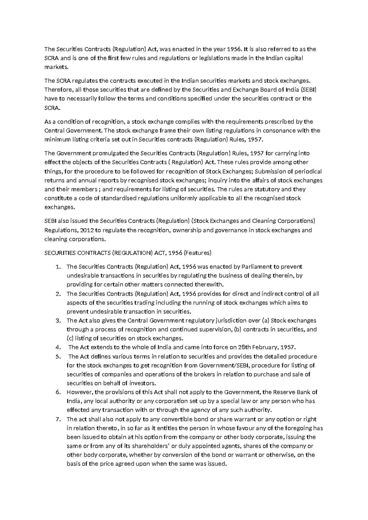 Features of the SCRA - Notes (Securities Contracts Regulation Act, 1956 ...