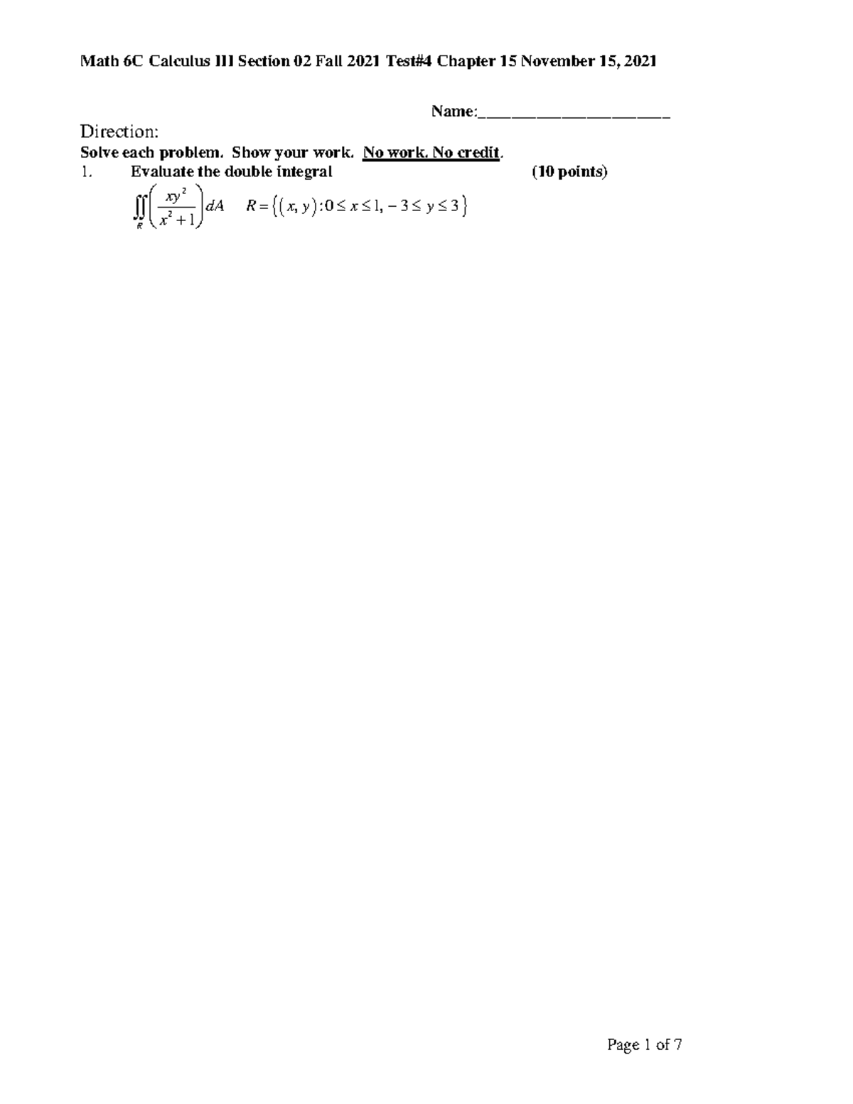 Math 6C Calculus III Test #4 - Double & Triple Integrals Review - Fall ...