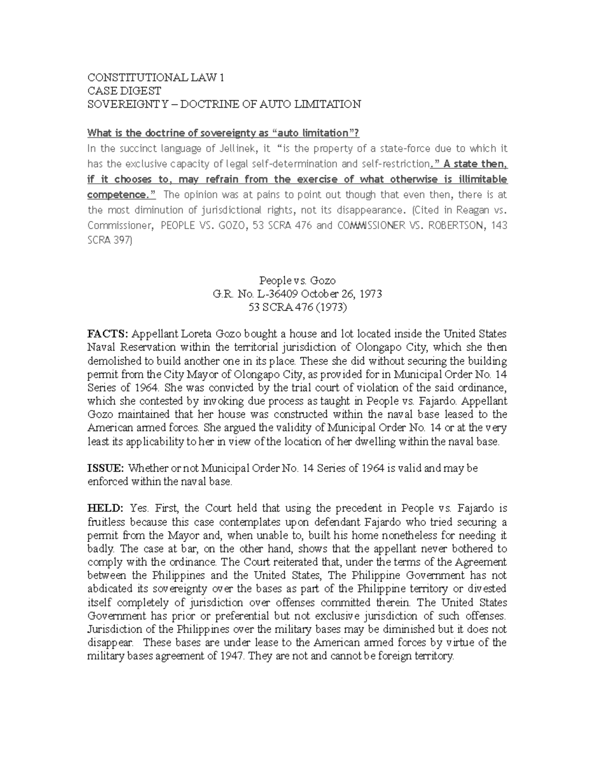 Constitutional Law 1 - Digest of People v. Gozo, 53 SCRA 476 - Document Preview