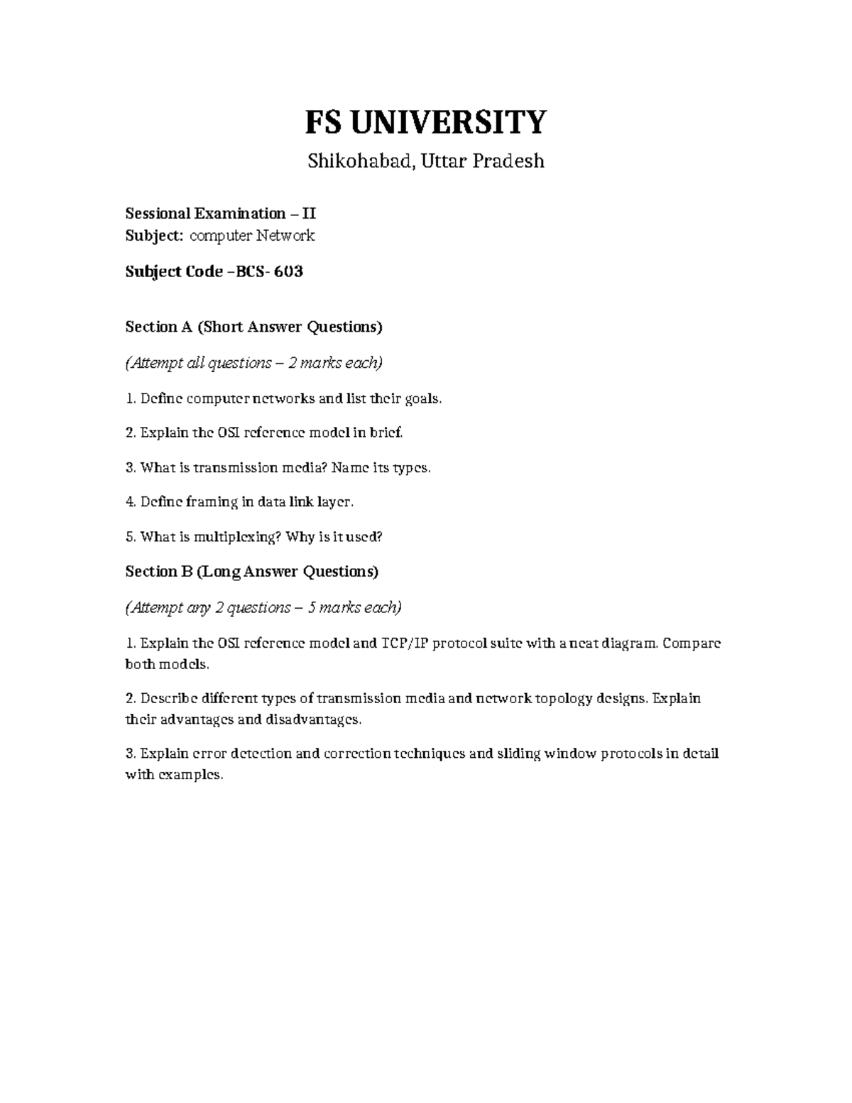 Computer Networks Sessional Exam II - Short & Long Answer Qs (603 ...