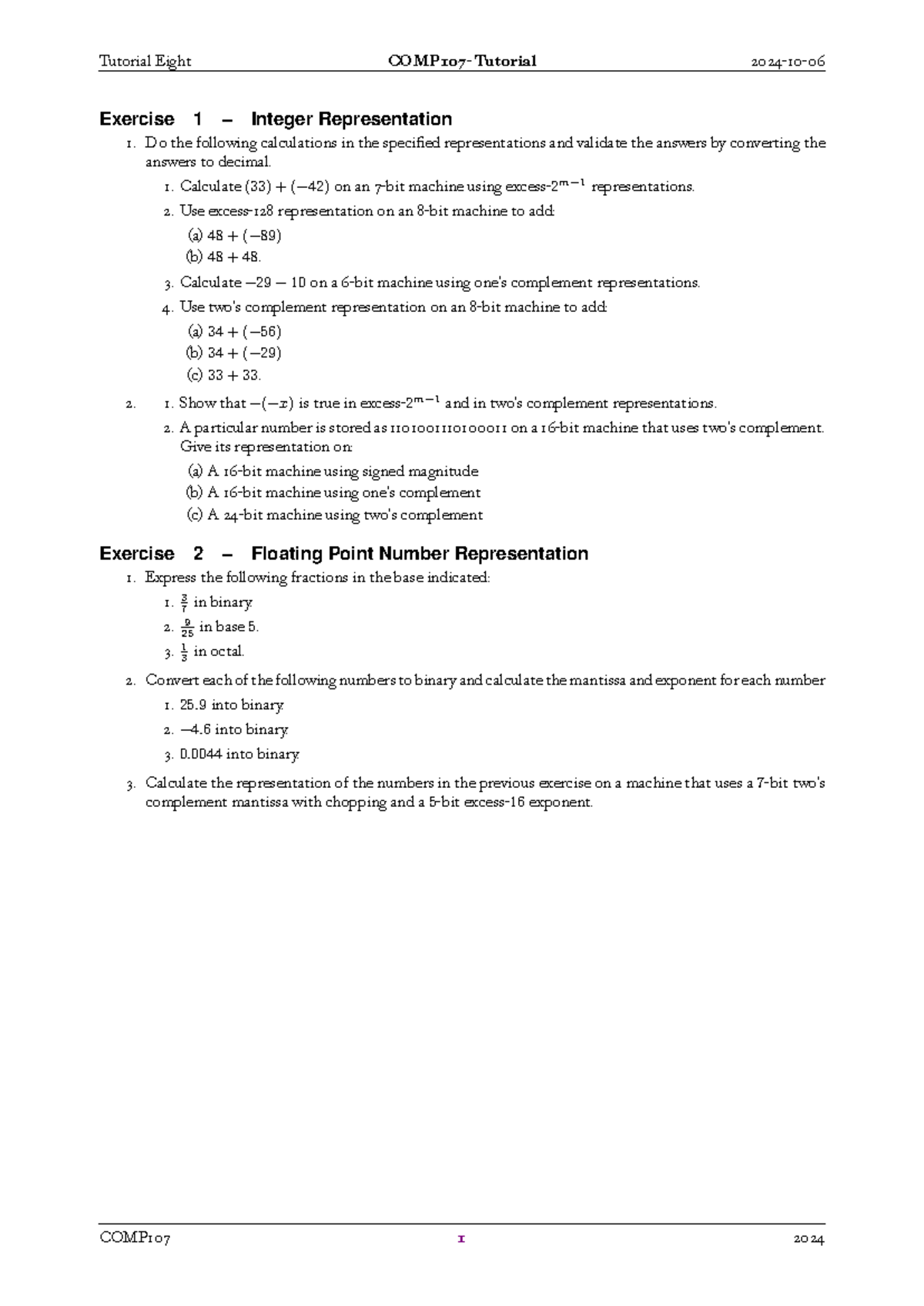 COMP107 - Tutorial 8: Integer & Floating Point Representation - Studocu