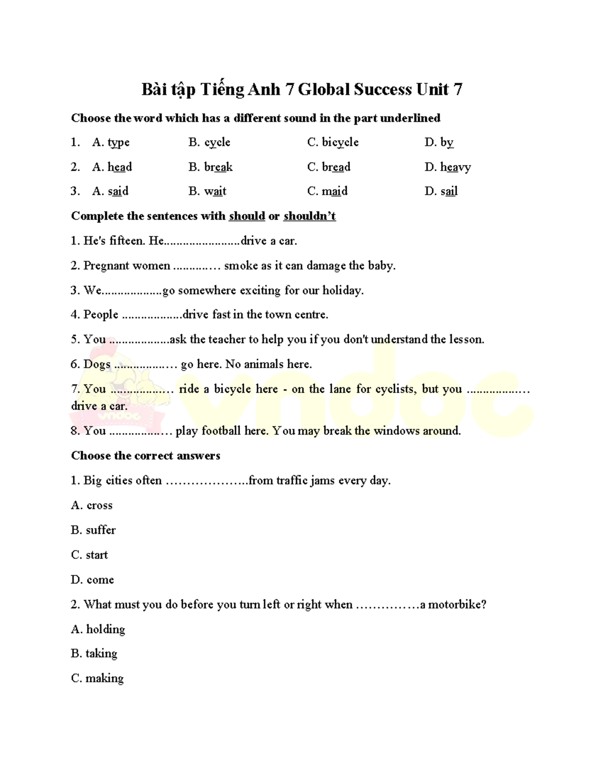 Bài Tập Tiếng Anh 7 Global Success - Unit 7 Exercises & Answers - Studocu