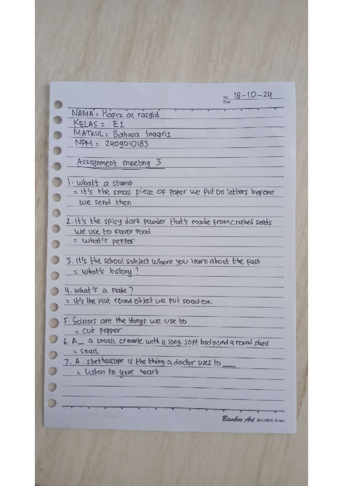 Hafiz - KELAS E1 - Bahasa Inggris - Meeting 3 Assignment Notes - Studocu