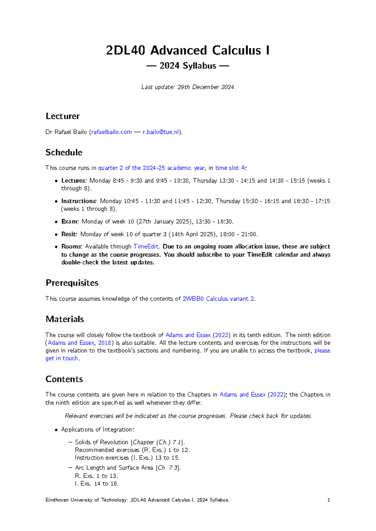 2DL40 Advanced Calculus I - 2024 Course Syllabus Overview - Studeersnel