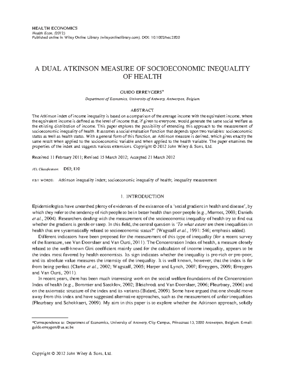 HEA 2012: A Dual Atkinson Measure of Socioeconomic Inequality in Health ...