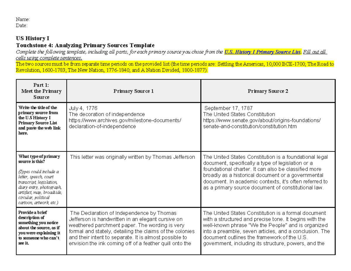US History I Touchstone 4: Analyzing Primary Sources Guide - Studocu
