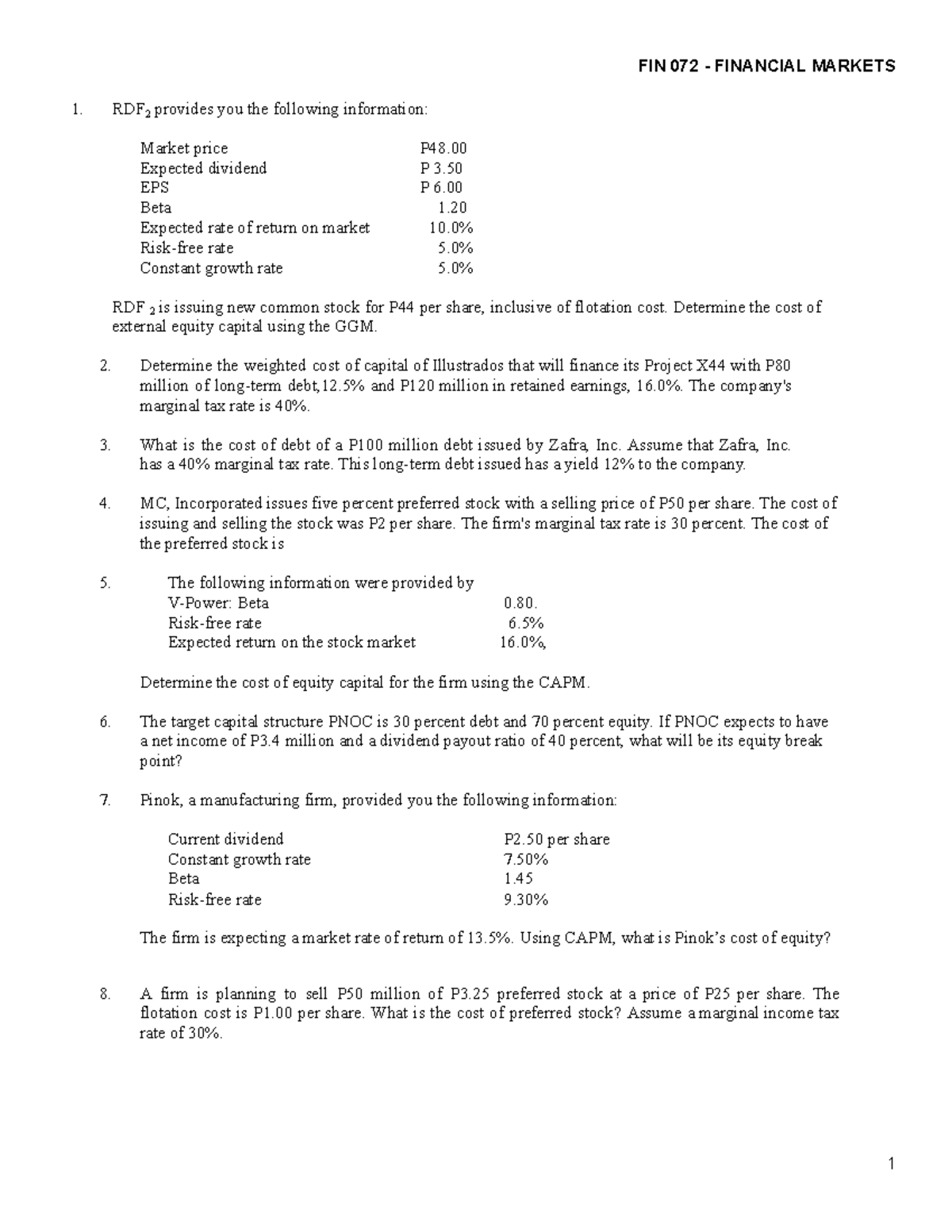 COST OF Capital AND Capital Structure Activity - FIN 072 - FINANCIAL ...