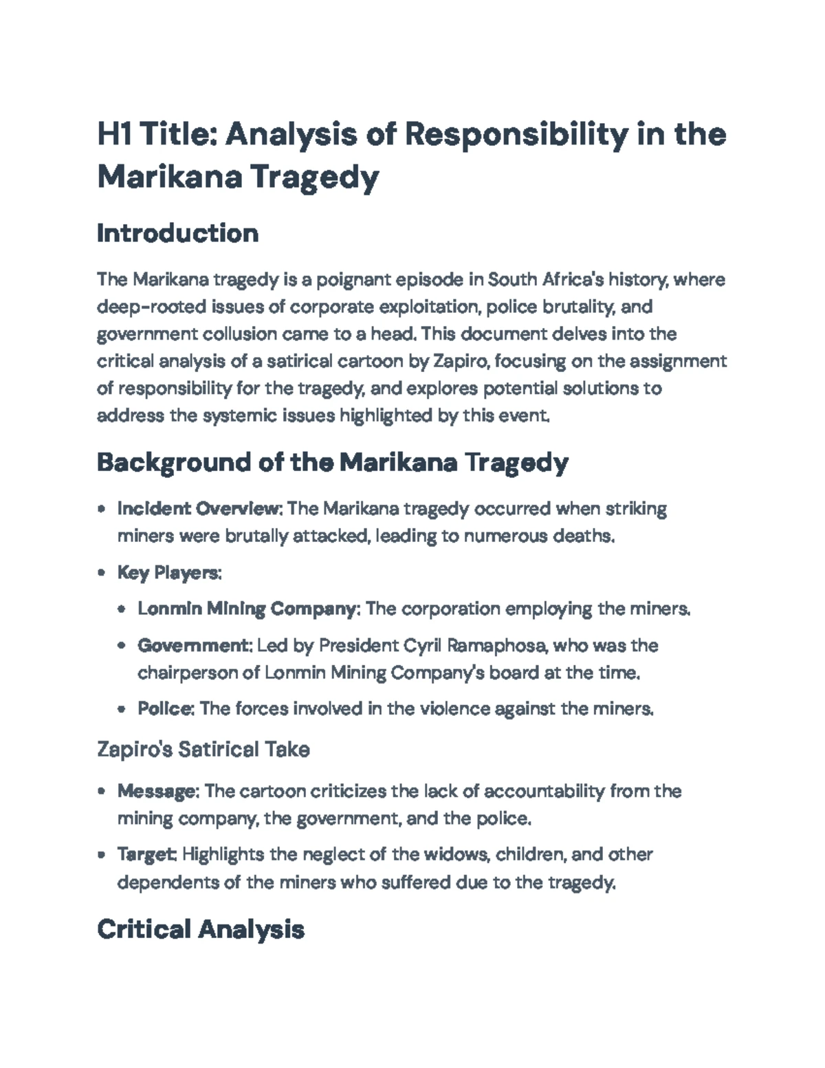 HCCT002 Assignment 1: Critical Analysis of Zapiro’s Cartoon on Tragedy ...