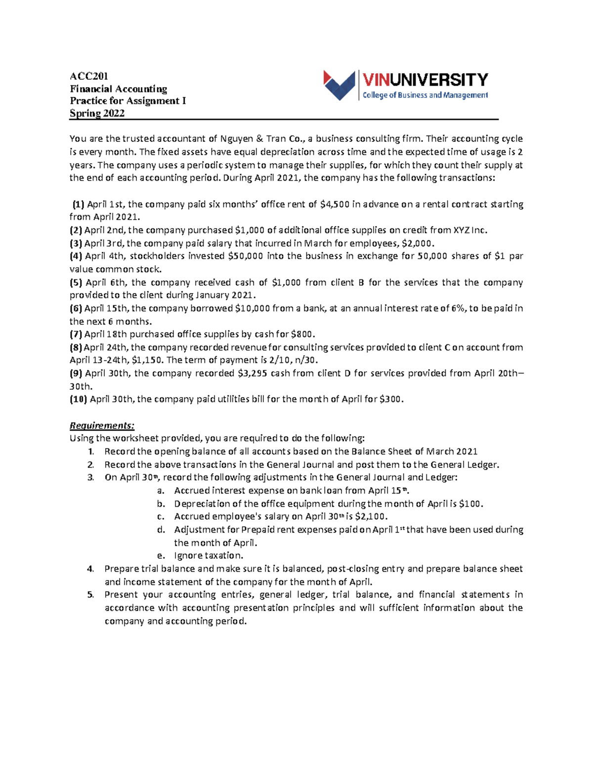 ACC201 Financial Accounting Practice Assignment I Spring 2022 - Studocu