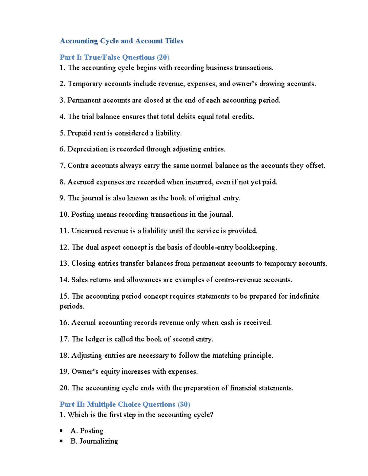 ACC 101: Accounting Cycle & Account Titles - Q&A Review - Studocu