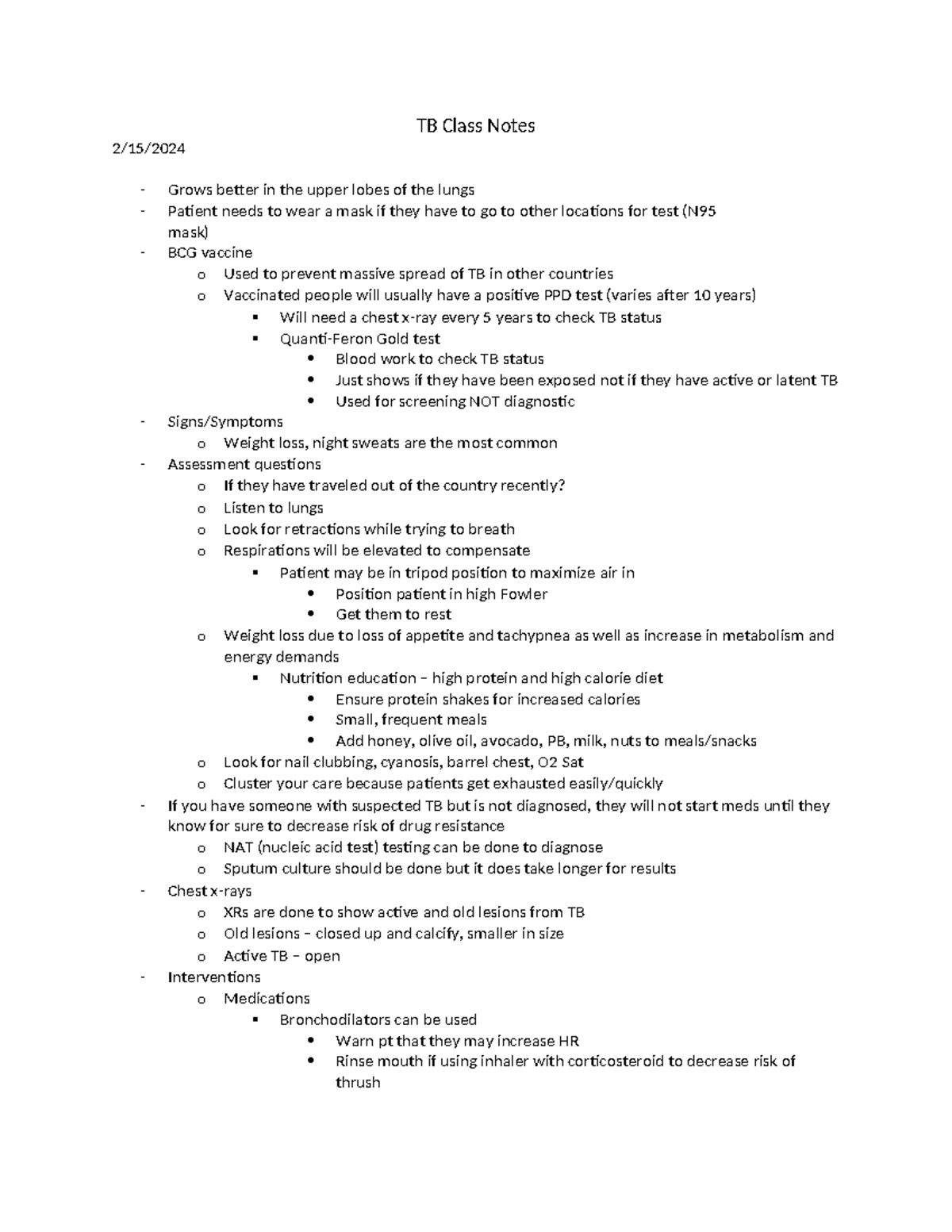 TB & CF Nursing Class Notes - Key Assessments & Interventions - Studocu