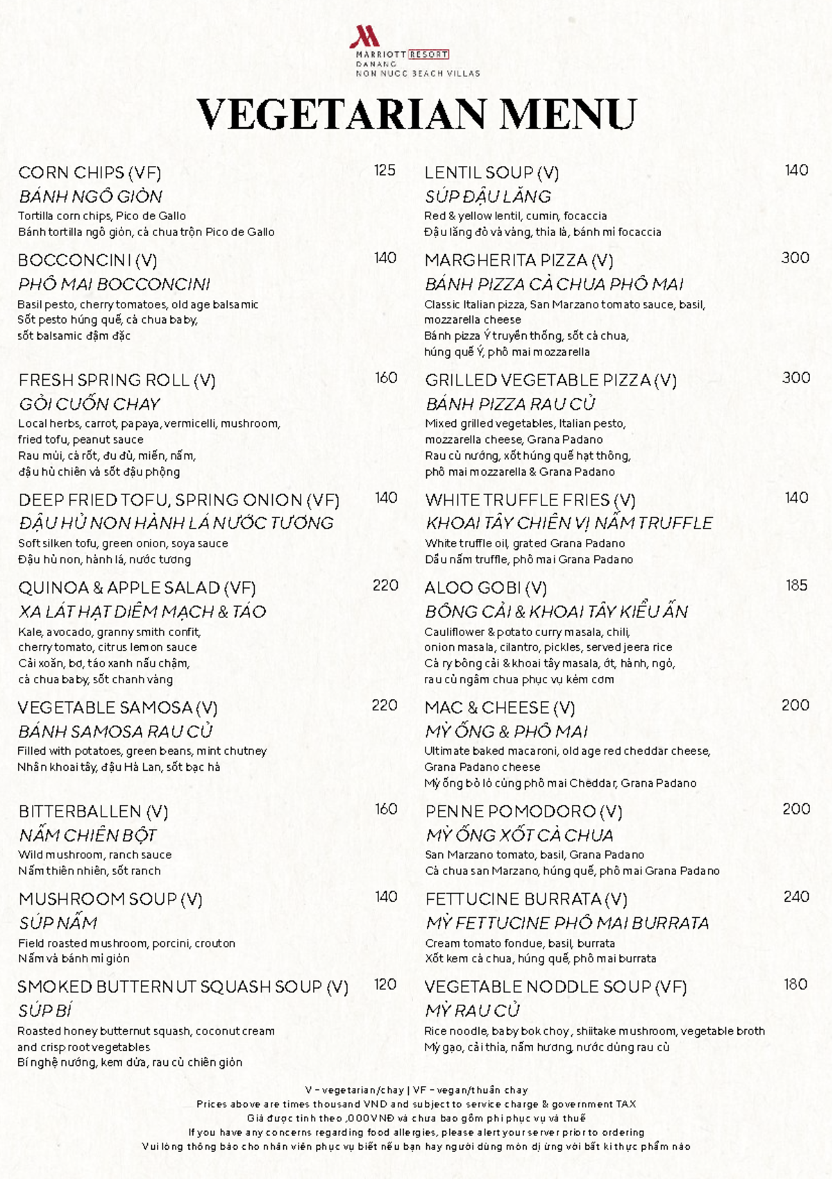 Vegetarian Menu (VF) - Comprehensive Dishes and Prices - Studocu