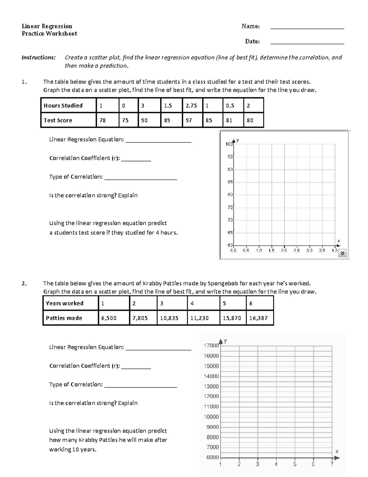 Linear Regression Practice Worksheet: Scatter Plots & Predictions - Studocu
