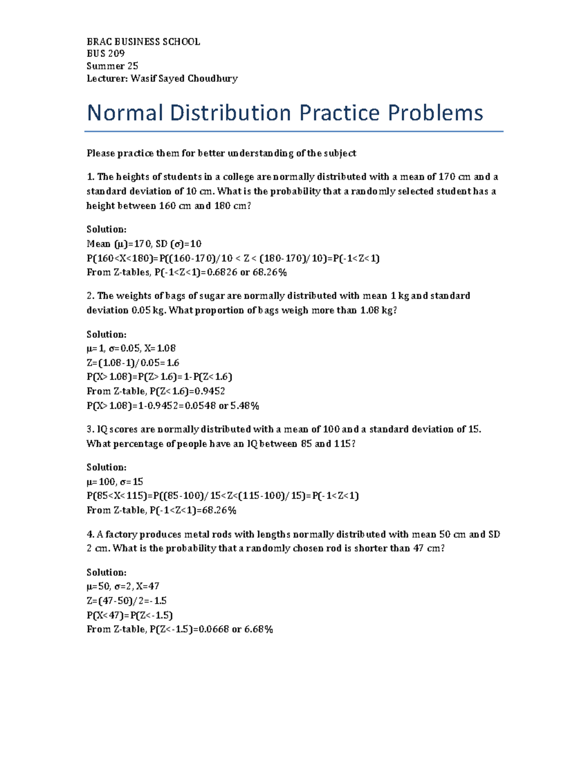 BRAC BUSINESS SCHOOL BUS 209 Summer 25 Normal Distribution Practice ...