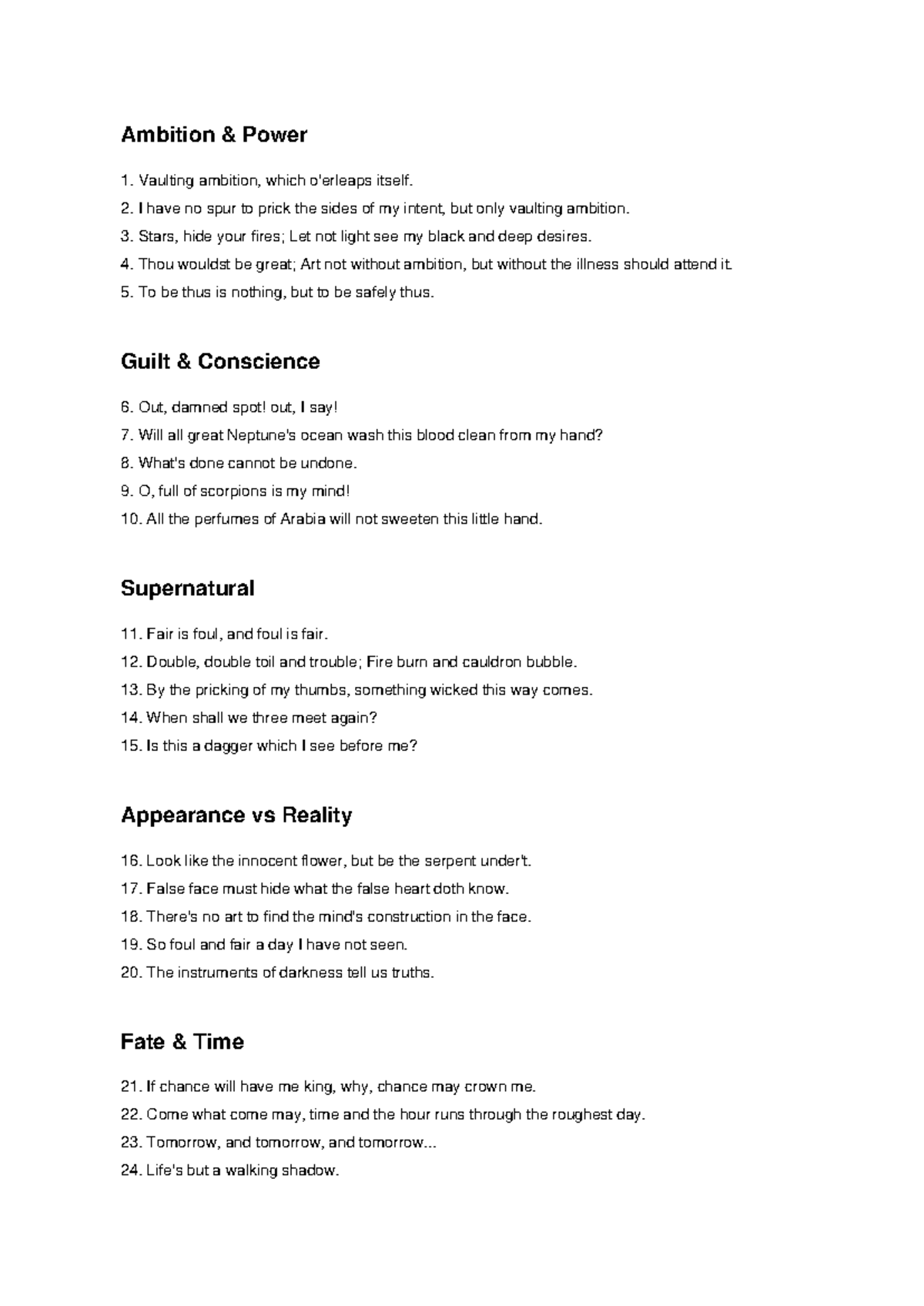 Macbeth Quotes Analysis: Themes of Ambition, Guilt, Supernatural, and ...