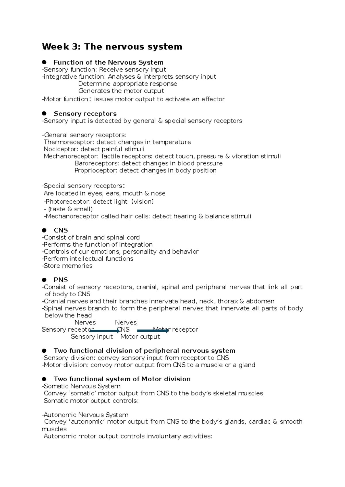 Lqb week 3 - notes - Week 3: The nervous system Function of the Nervous ...
