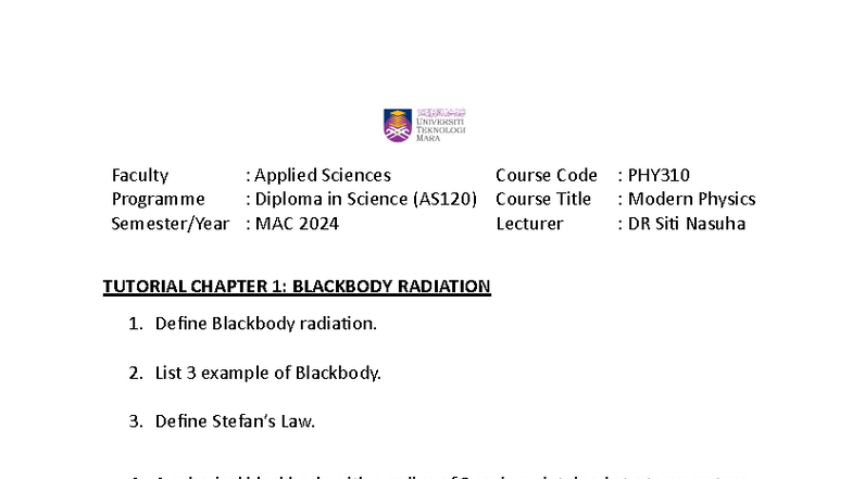PHY310 Tutorial: Blackbody Radiation Concepts and Calculations MAC 2024 ...