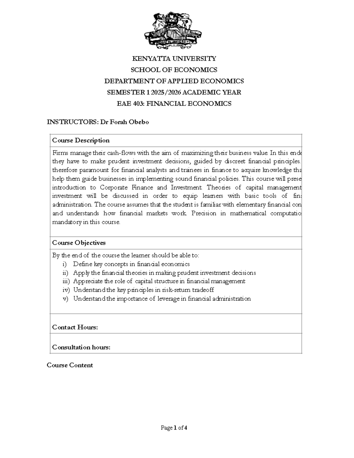 EAE 403: Financial Economics Course Outline - Semester 1 2025-26 - Studocu