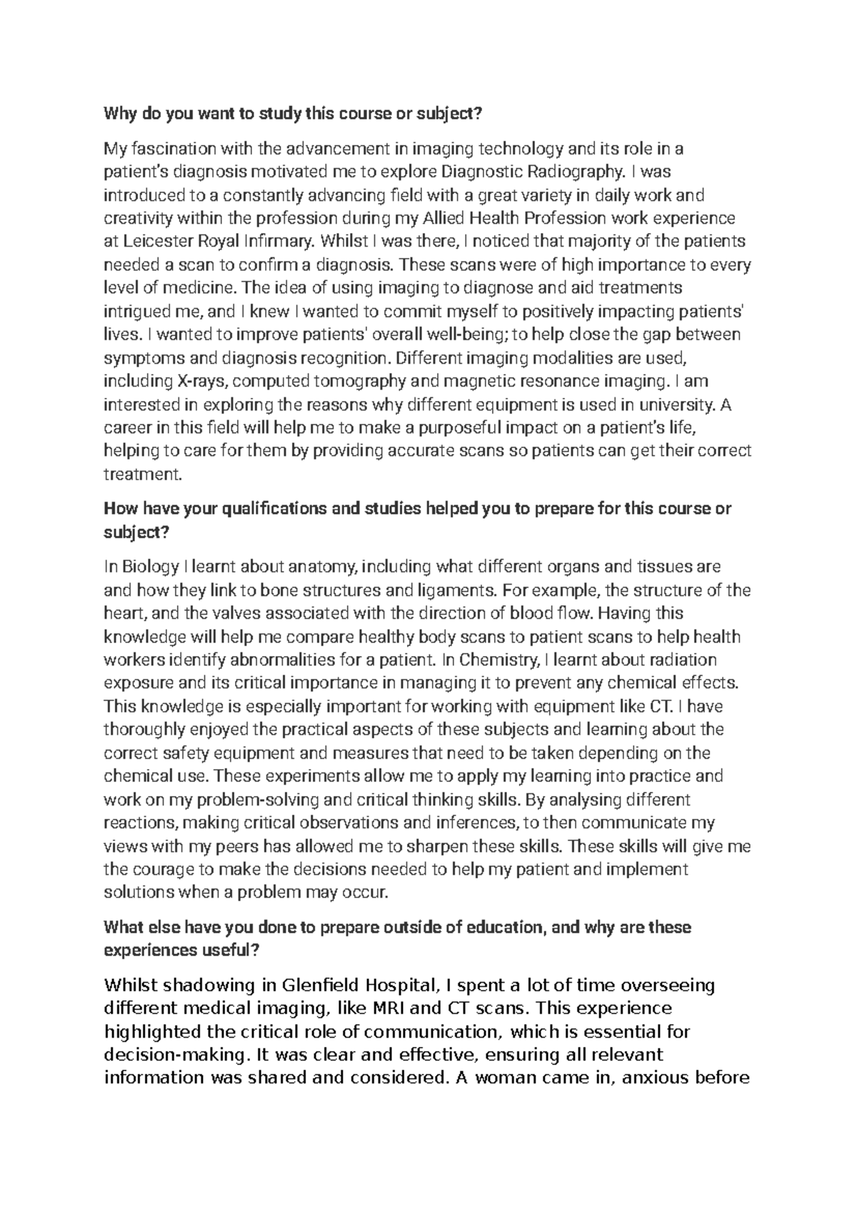 Personal Statement for Diagnostic Radiography Course - Studocu