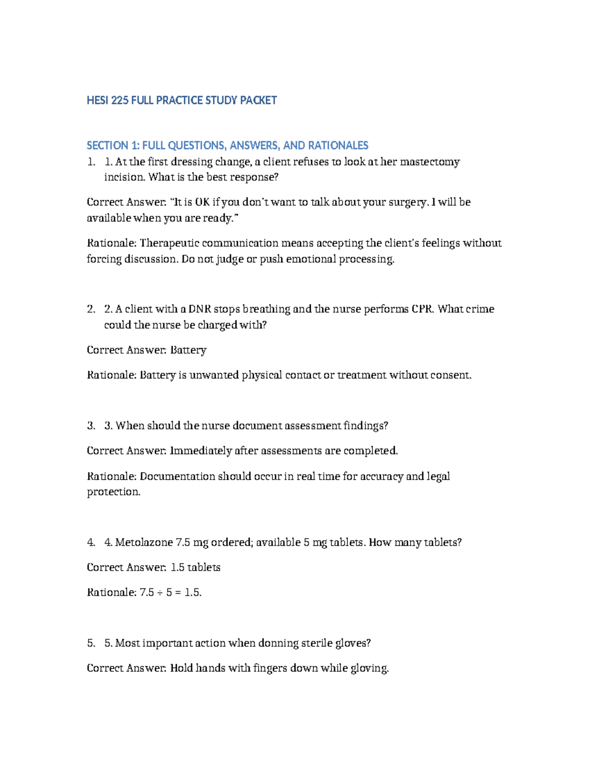 HESI 225 FULL PRACTICE STUDY PACKET: Questions, Answers & Rationale ...