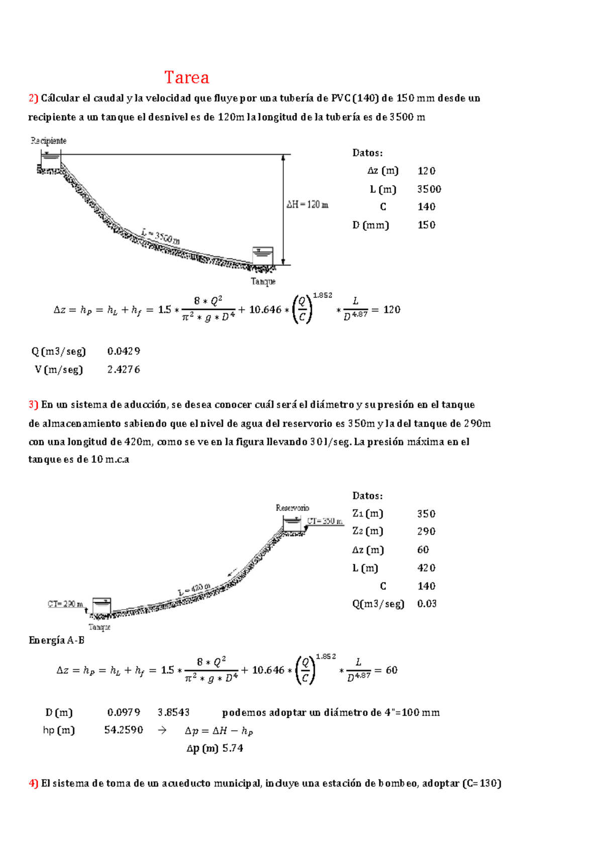 Tarea: Solucionario Caudales y Pérdidas en Tuberías (C=140, 130, 110, 90, 125) - Document Preview