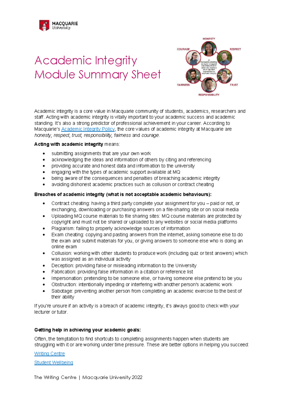 Academic Integrity Module Summary Sheet - Macquarie University 2022 ...