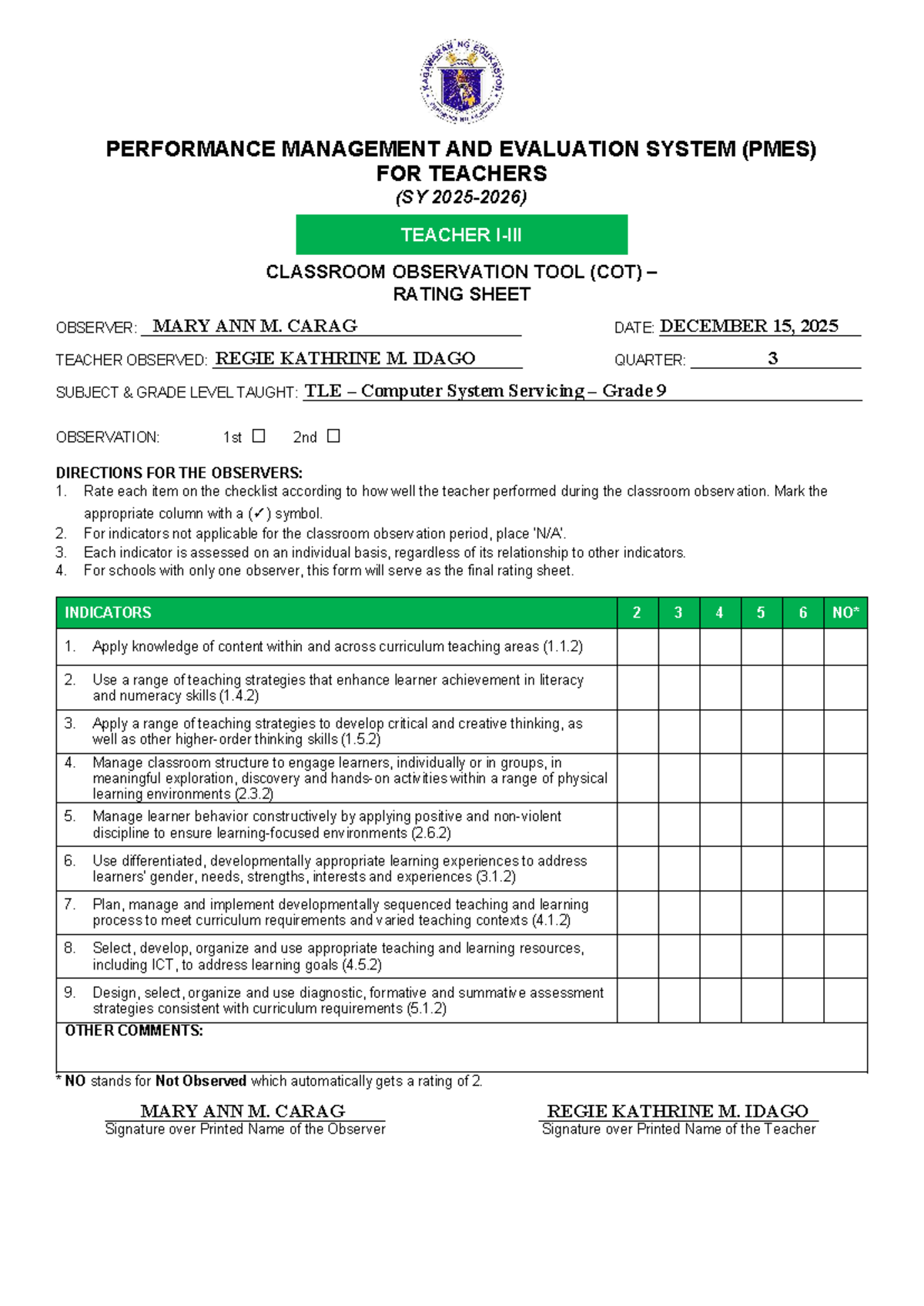 PMES Teacher COT Rating Sheet for Proficient Teacher (SY) - Studocu