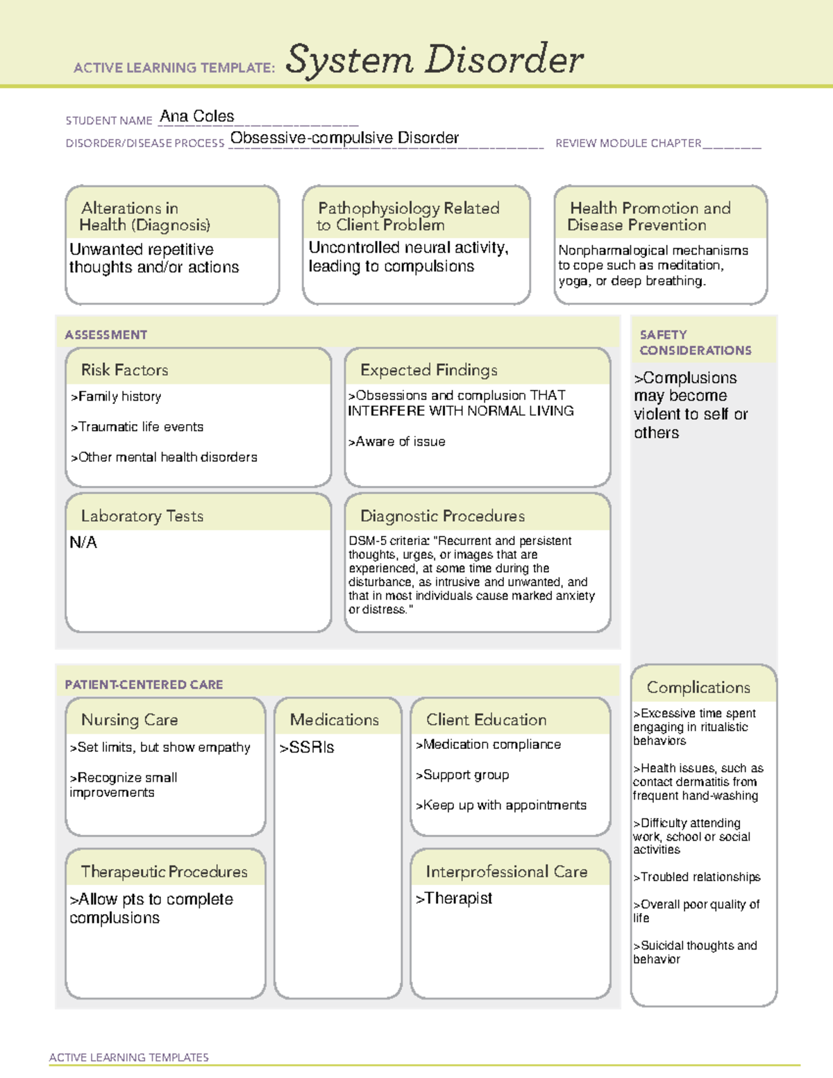 OCD - System Disorder Study Sheet for Assessment and Care - Studocu