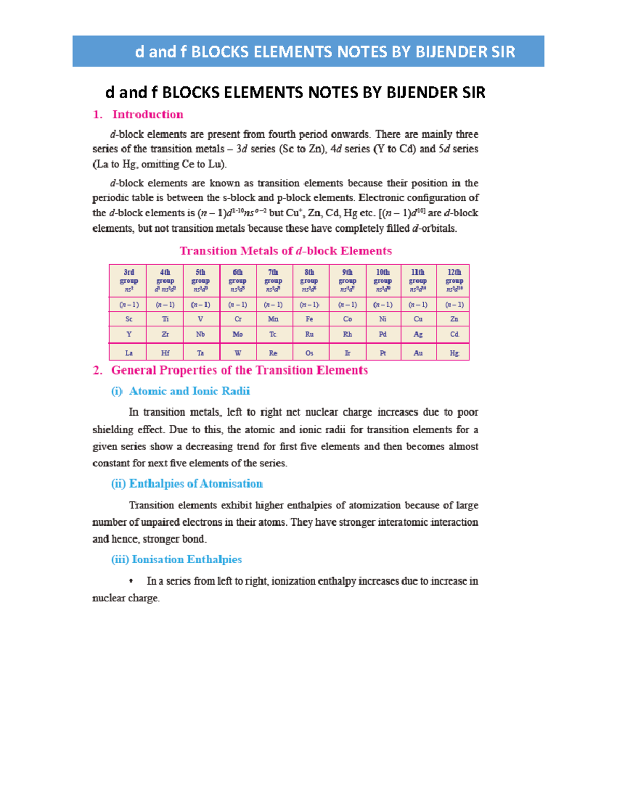 D and f Block Elements: Detailed Notes by Bijender SIR - Studocu