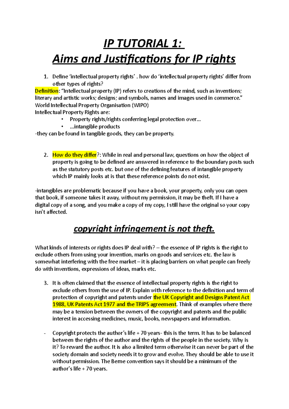 IP Tutorial 1 - IP TUTORIAL 1: Aims and Jusiicaions for IP rights Deine ...