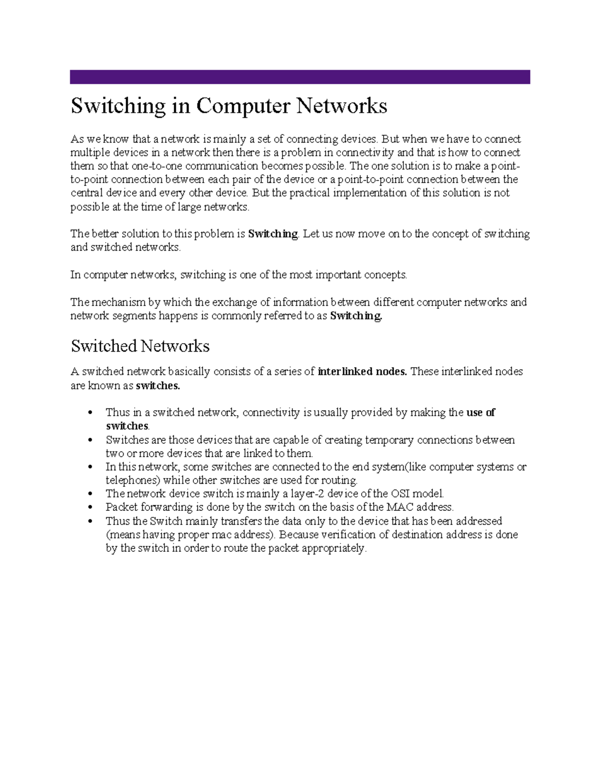 Unit 4: Switching in Computer Networks - Comprehensive Notes - Studocu