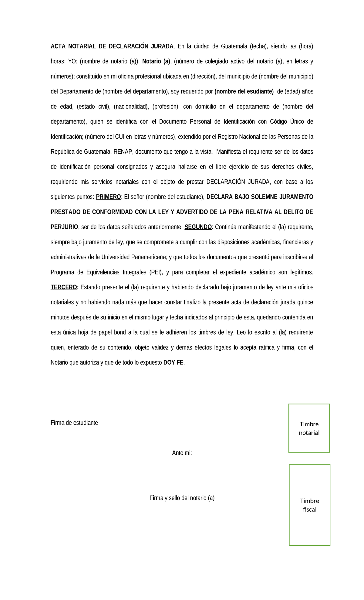 Formato de Acta Notarial de Declaración Jurada - Guatemala - Studocu
