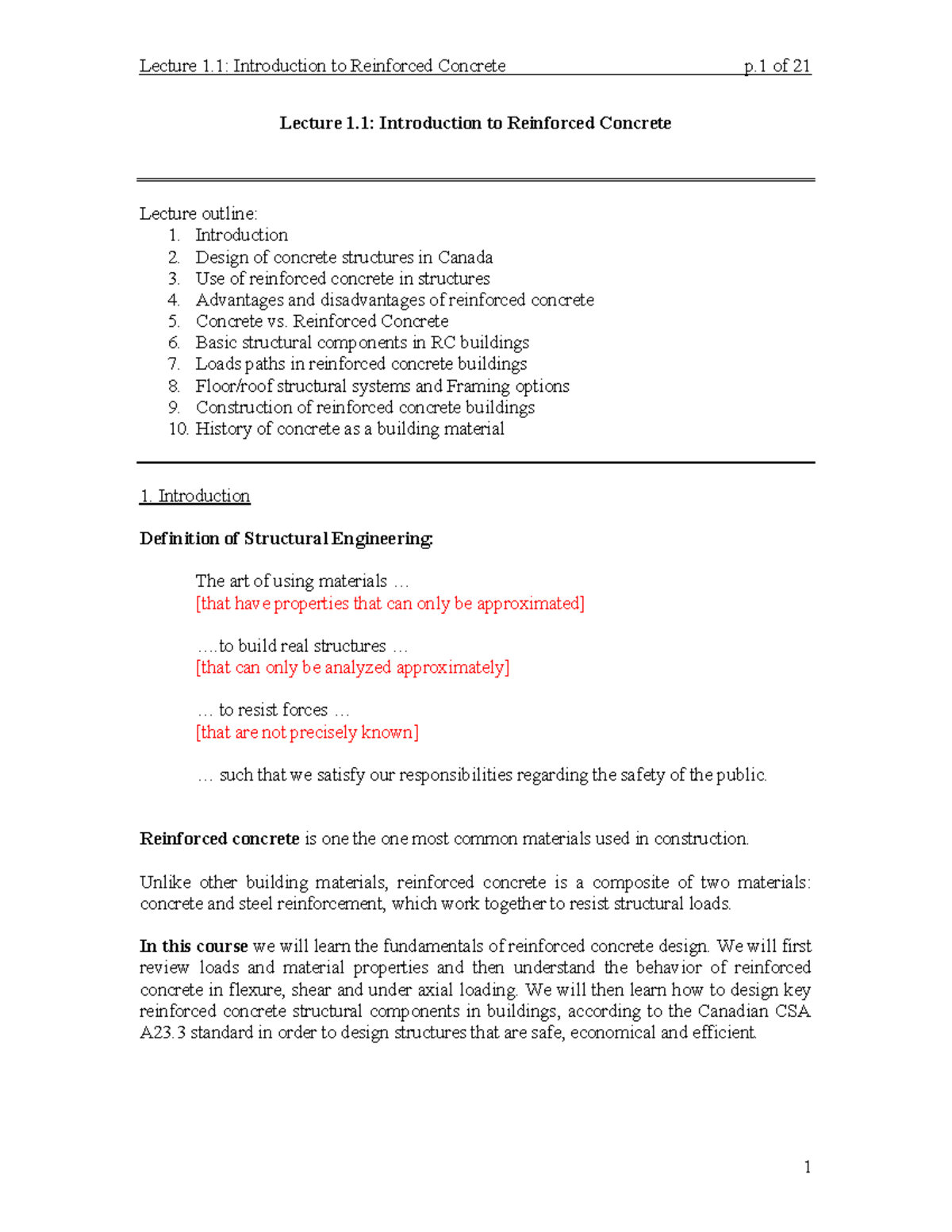 Lecture 1.1: Intro to Reinforced Concrete - Design & Applications - Studocu
