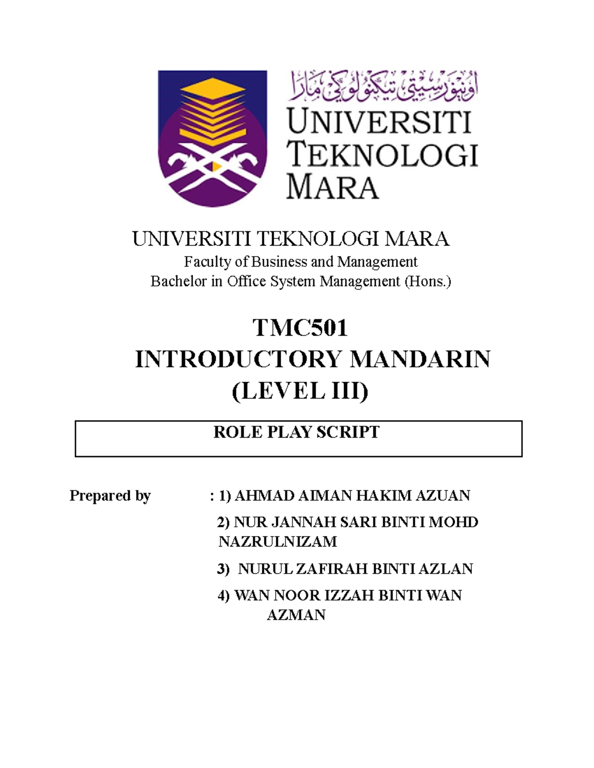 TMC501 BA2323C Introductory Mandarin Role Play Script Draft - Studocu